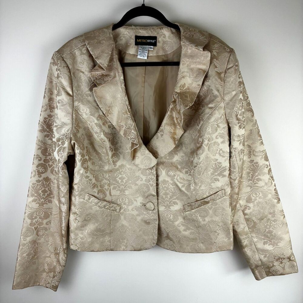 Vintage Metrostyle Gold Damask Blazer Jacket Ruffle Party Cocktail Elegant 20